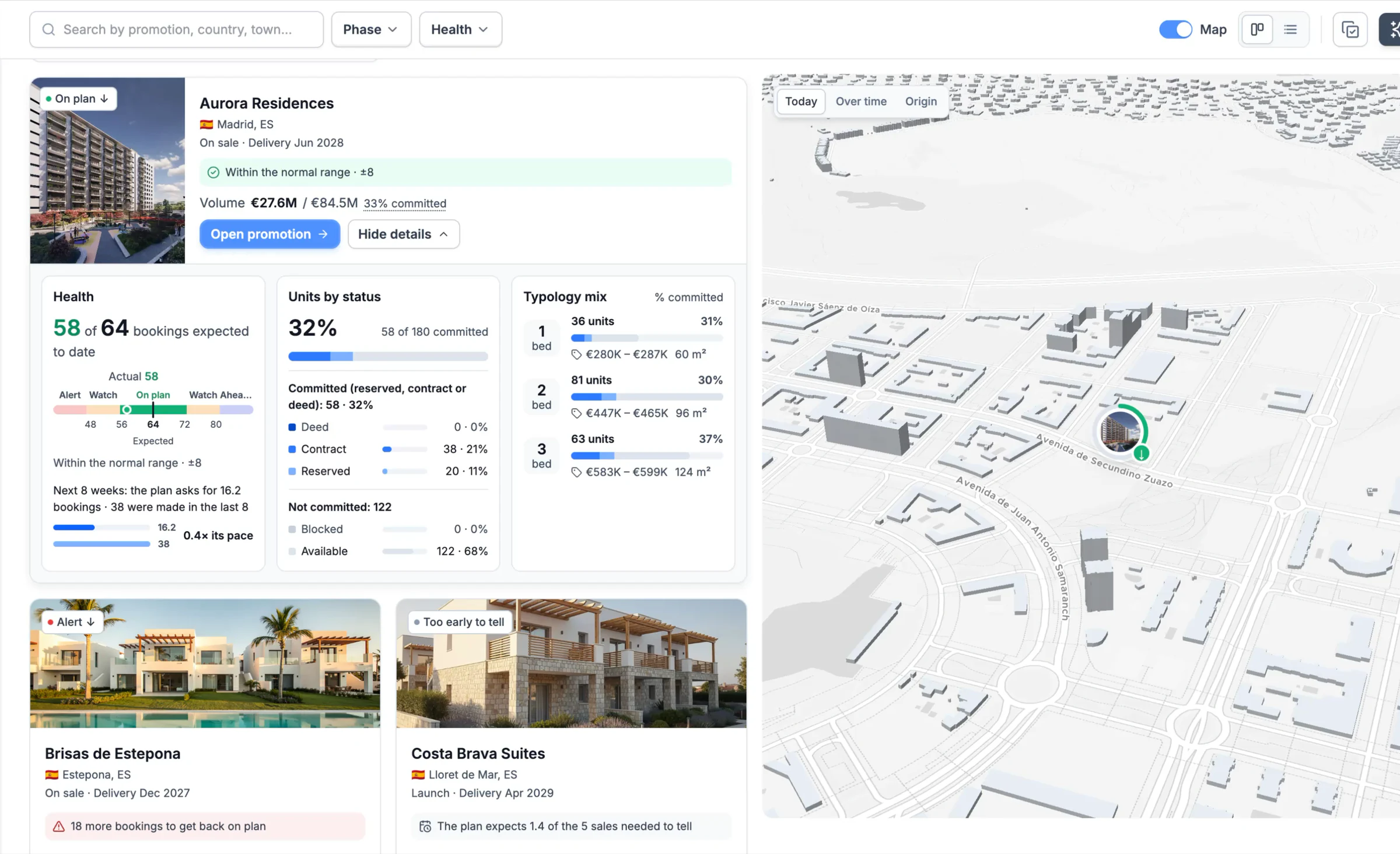 Aurora Residences expanded: health, units by status and typology mix, with the promotion on the 3D map