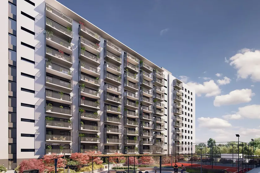 Aurora Residences, rendered view of the building and its garden