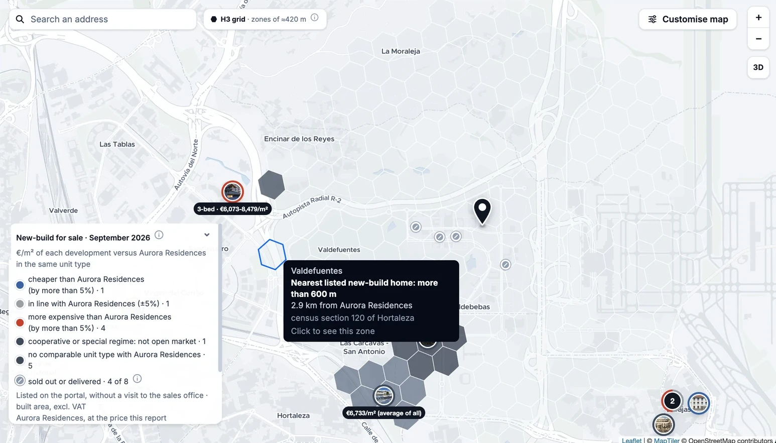 Market intelligence map with hexagon zones around Aurora Residences