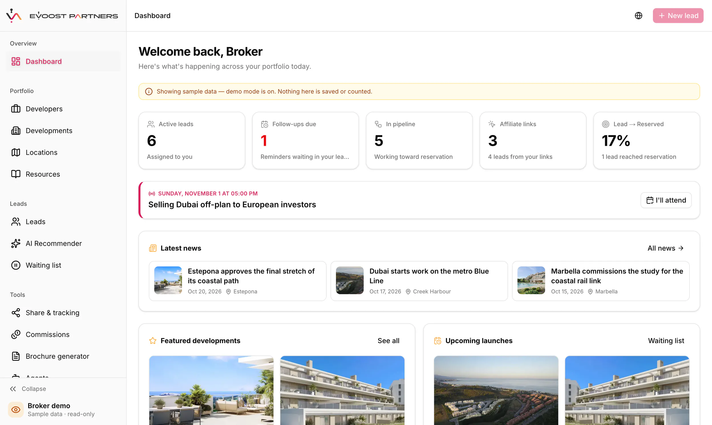Broker home in the eVoost Partners demo: active leads, follow-ups, pipeline, affiliate links and lead-to-reservation rate, the next webinar, the latest news and featured developments