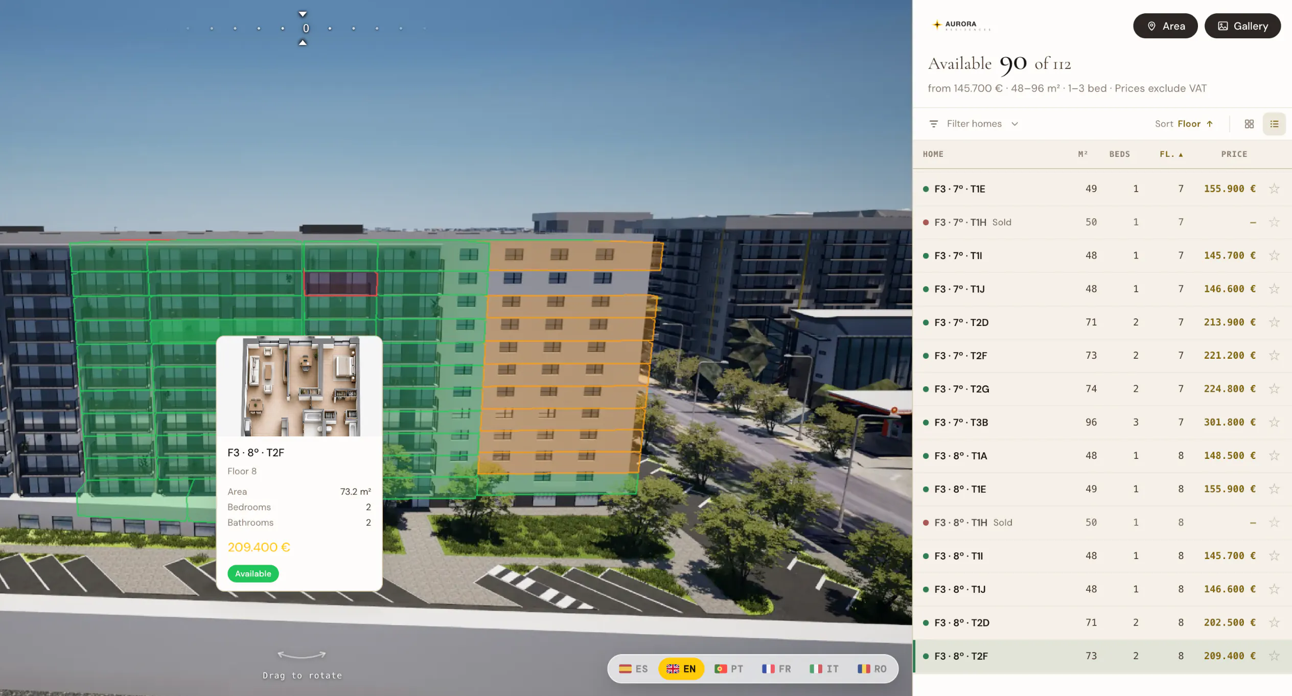 Aurora Residences in the eVoost Services configurator: the 3D building coloured by availability, a home's card and the list of homes with prices