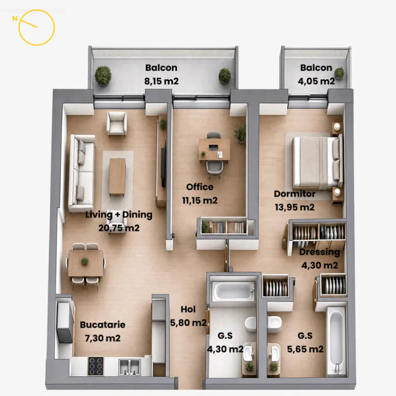 Commercial plan of home F3 · 8º · T2F with each room's name and area